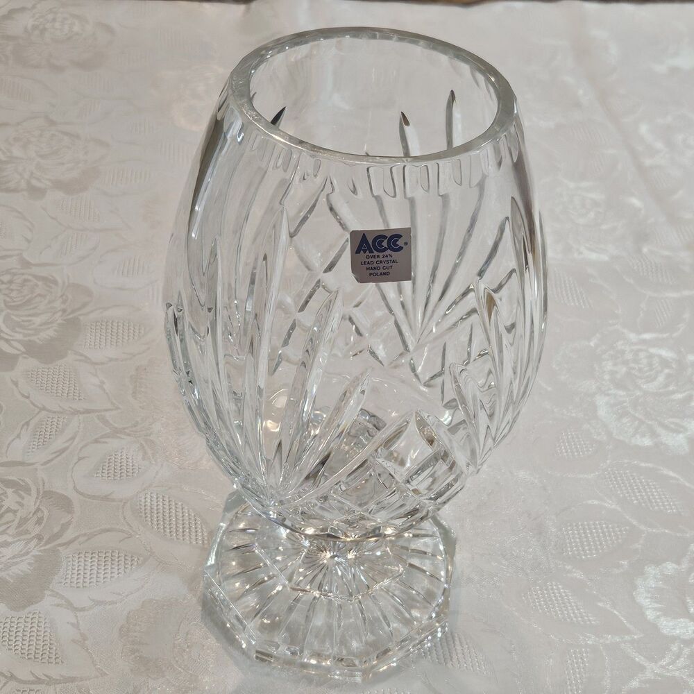 Vintage ACC Vase Hand Cut Lead Crystal 24% Poland Heavy 10.5x6.5”